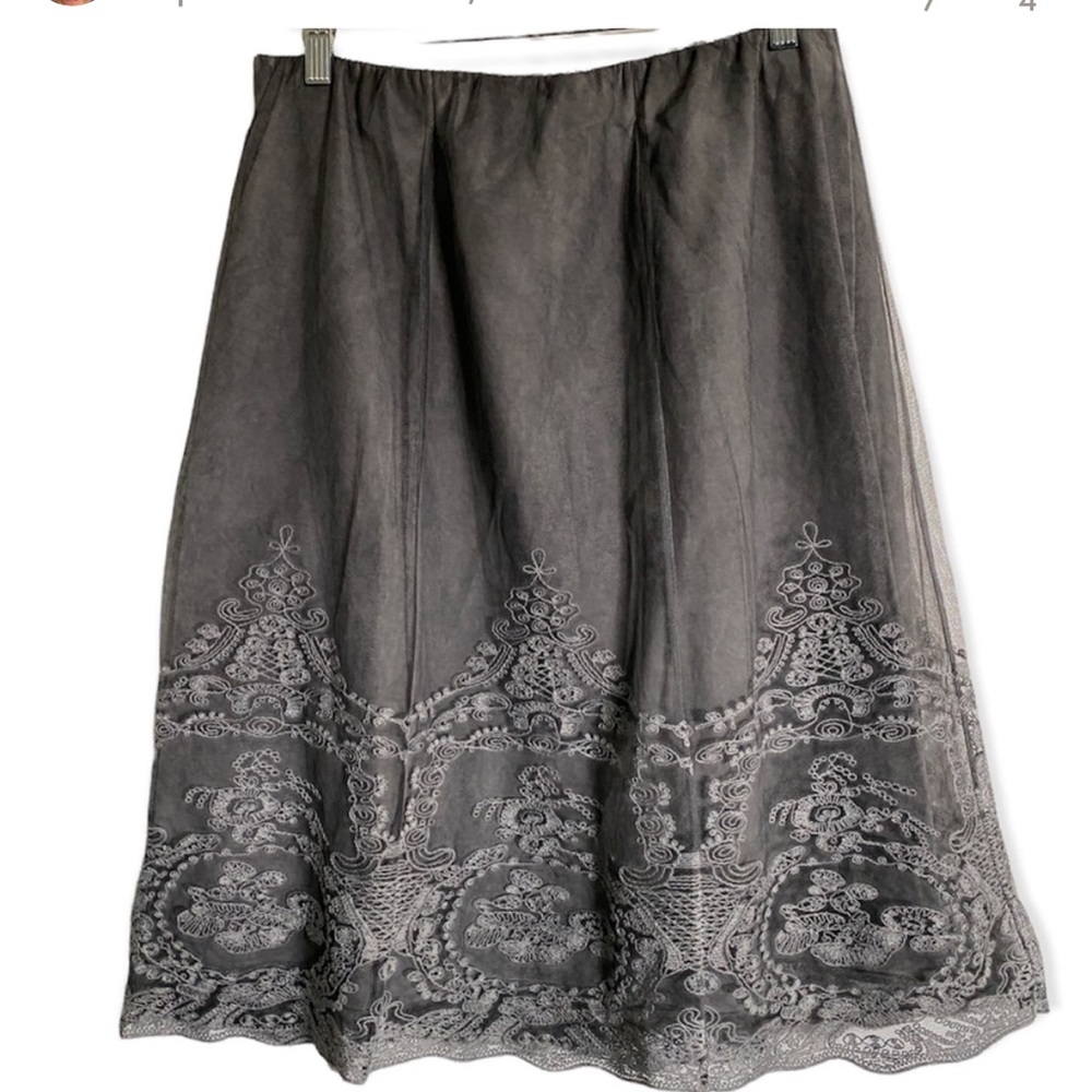 Soft Surroundings‎ Brown Embroidered Sheer Mesh Overlay Cotton Lined Skirt SP